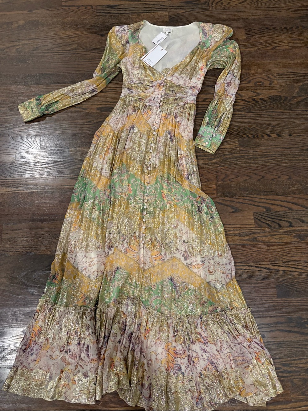 HEMANT & NANDITA Pastel Green and Gold Floral Button-Front Maxi Dress - Picture 2 of 3